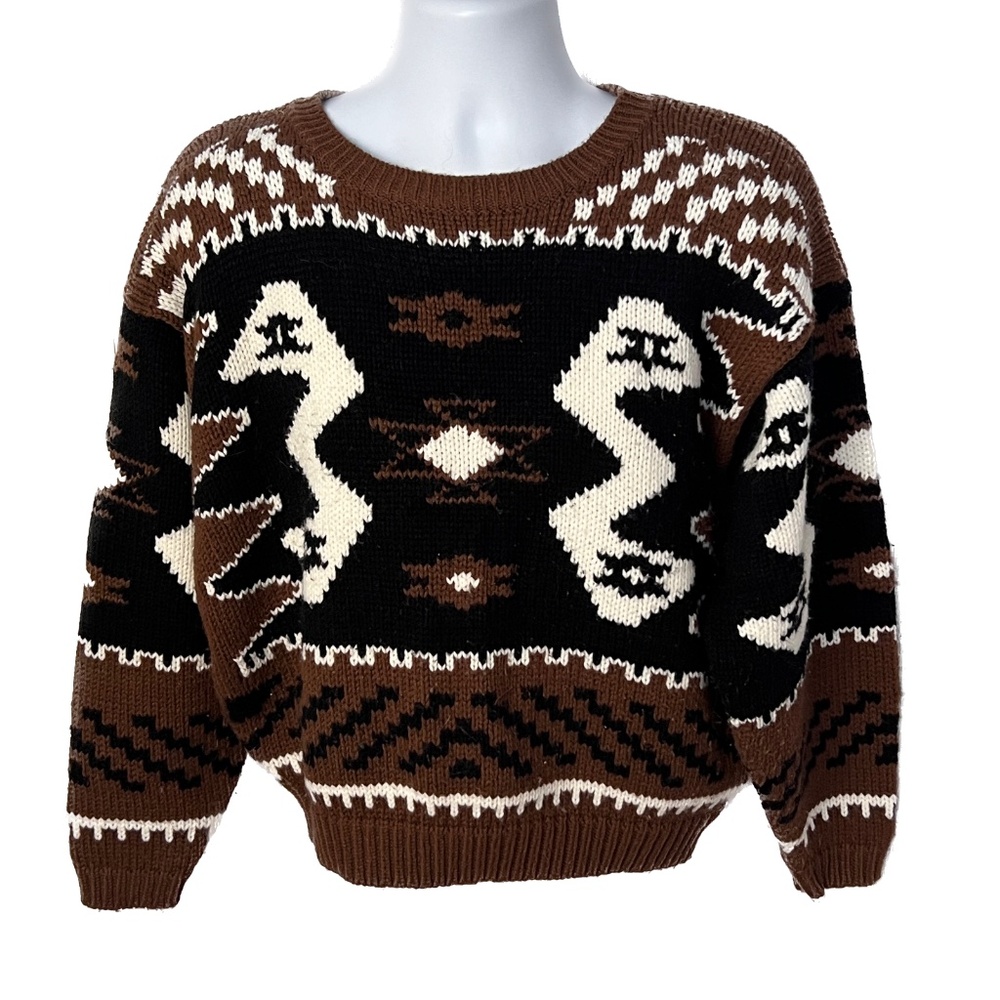 VTG Karuba Sweater Aztec Chunky Size  L Handmade Brown Black Pullover